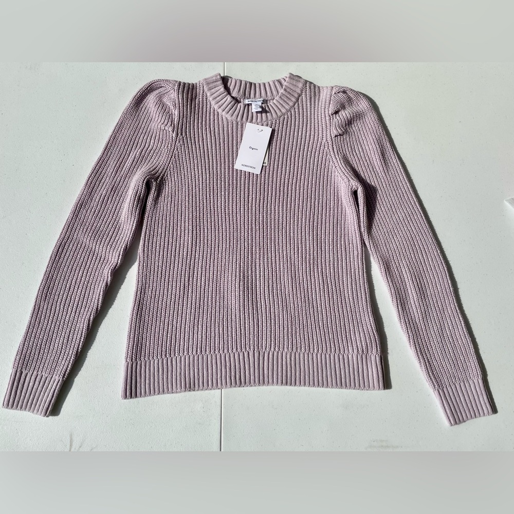 Nordstrom Girls Purple Knit Sweater XL 14/16 Puff Sleeve Soft Cozy